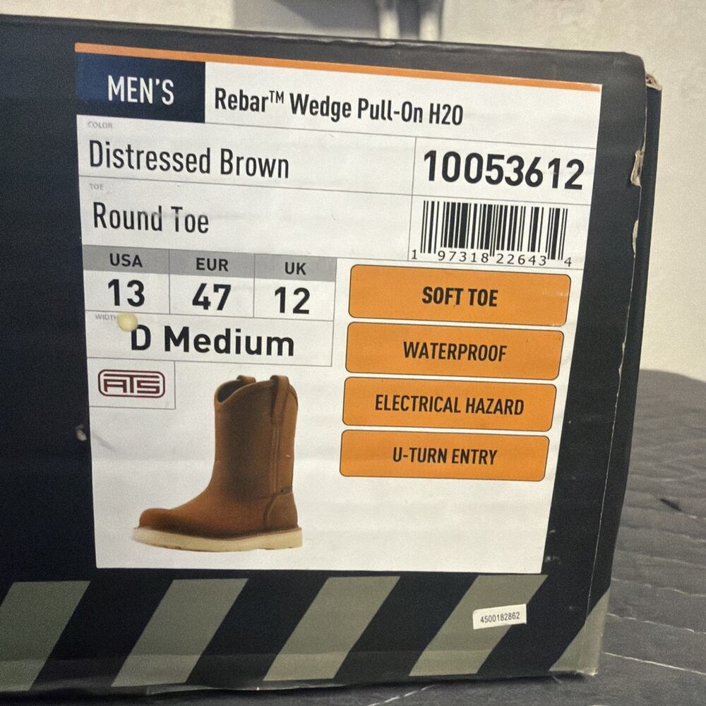Ariat Rebar Wedge Pull-On H2O Boots Mens 13 D Waterproof Brown 10053612